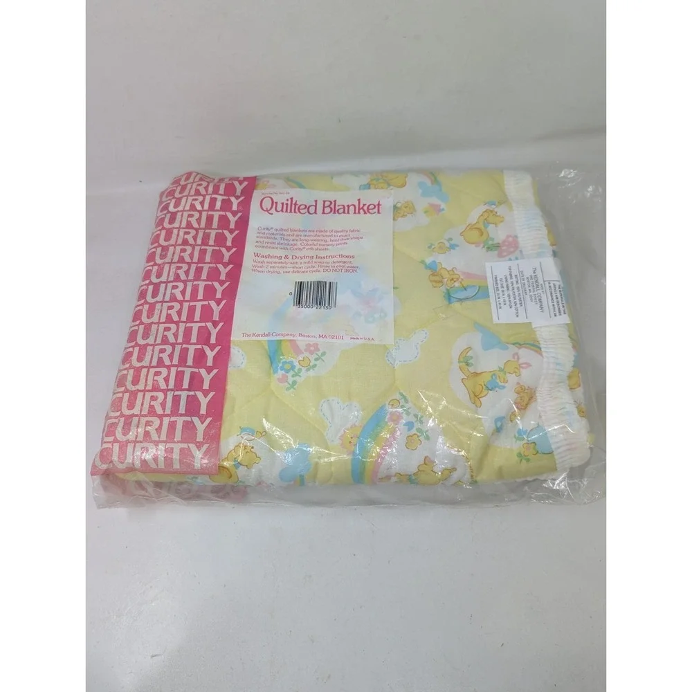 Vintage Curity 1981 Baby Quilt Blanket Yellow Rainbow Elephant Cat Bear NEW OPEN